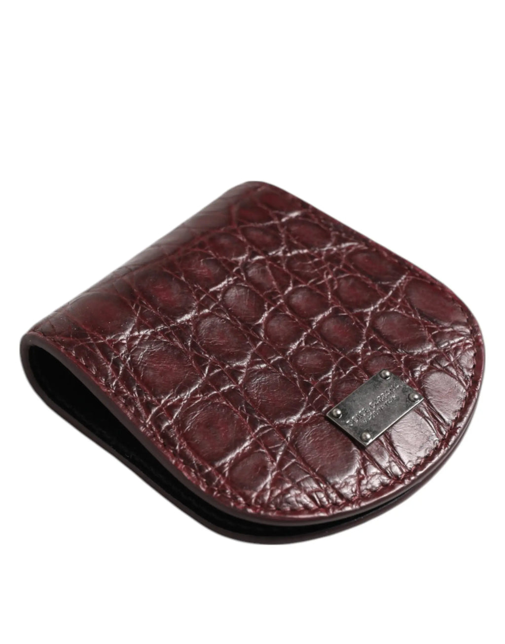 Compact wallet dolce & gabbana en cuir embossé crocodile bordeaux avec plaque métallique pour pièces et cartes