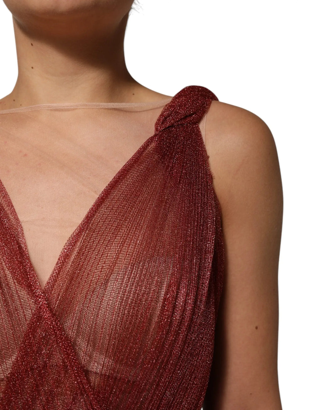 Robe midi en maille bordeaux scintillante dolce & gabbana avec décolleté en v profond et détail drapé aux épaules