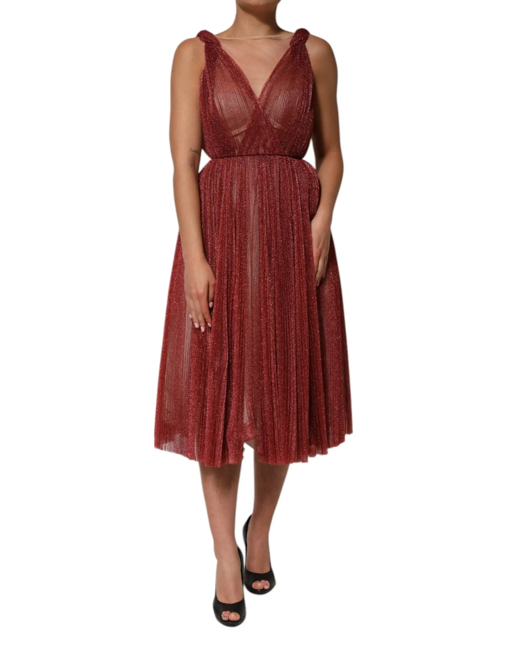 Robe midi a ligne en mesh bordeaux dolce gabbana avec corsage transparent scintillant et plissé élégant