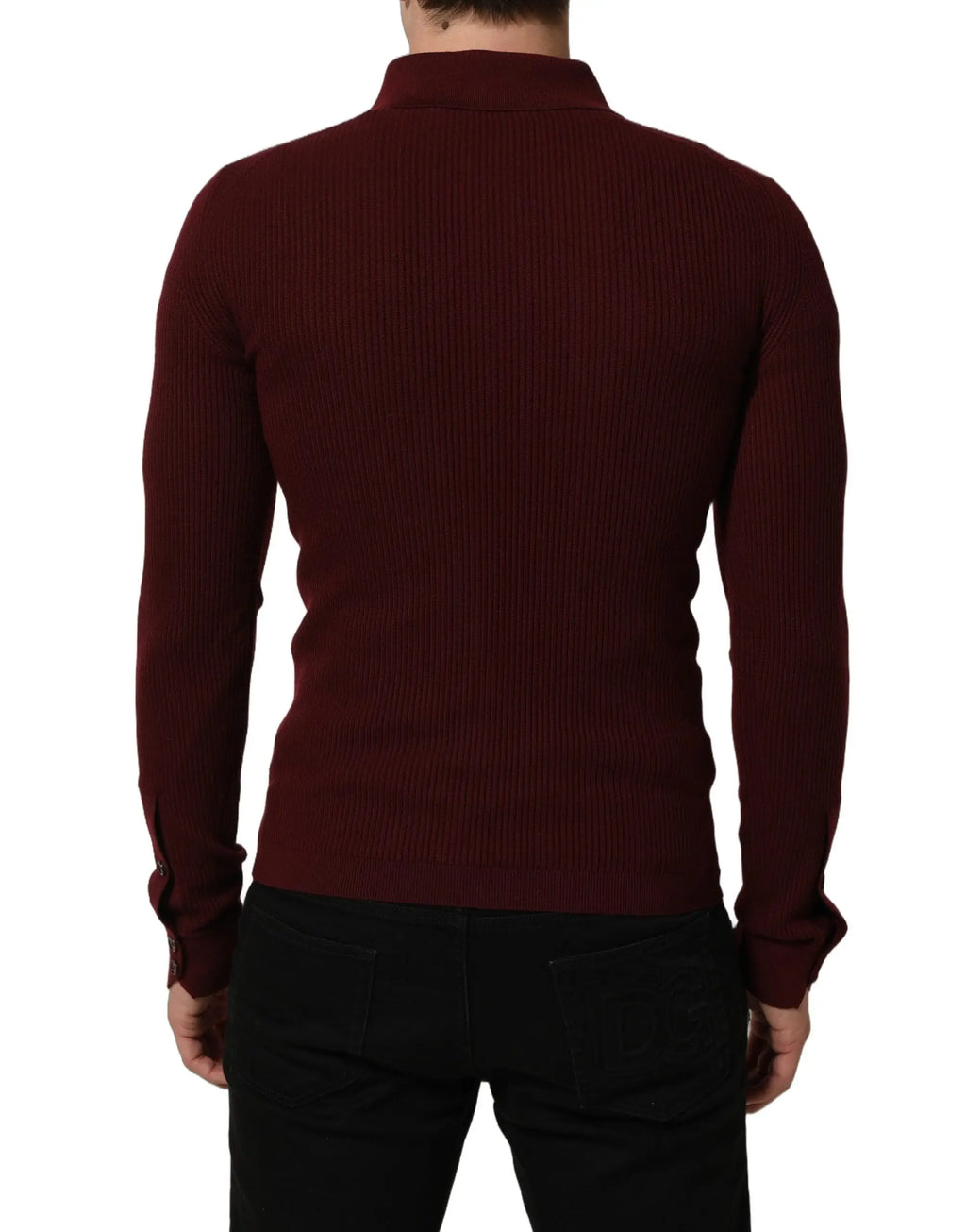 Dolce & gabbana cardigan boutonné en laine bordeaux avec silhouette ajustée col roulé côtelé