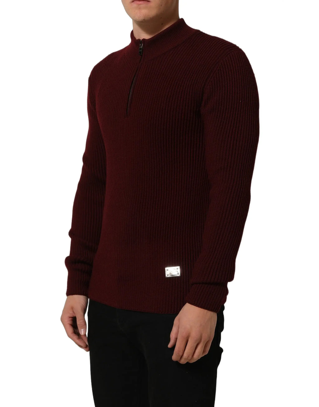 Pull over homme dolce et gabbana en laine bordeaux avec col demi zip en maille côtelée et étiquette argentée petite