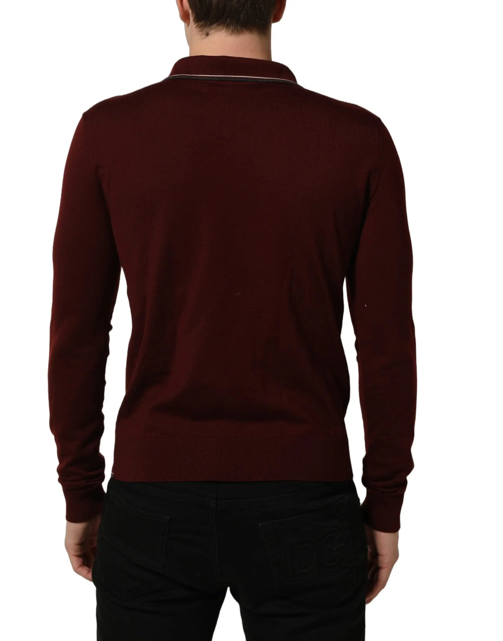 Dolce & Gabbana pull en laine bordeaux avec col polo tricoté manches longues et bordure blanche contrastante