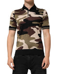 Polo homme manches courtes dolce & gabbana camouflage brun en soie avec bordures noires contrastées