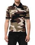 Polo homme à manches courtes dolce & gabbana en soie camouflage kaki beige et noir avec col et manches noirs contrastés