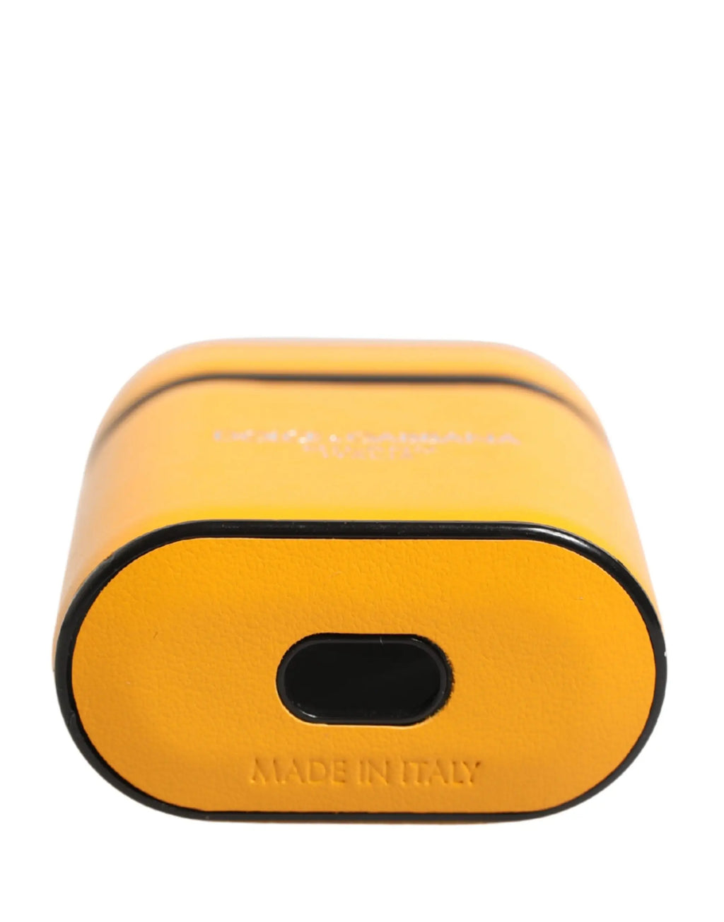 Etui airpods dolce & gabbana en cuir jaune vif avec bord noir et embossage made in italy au bas
