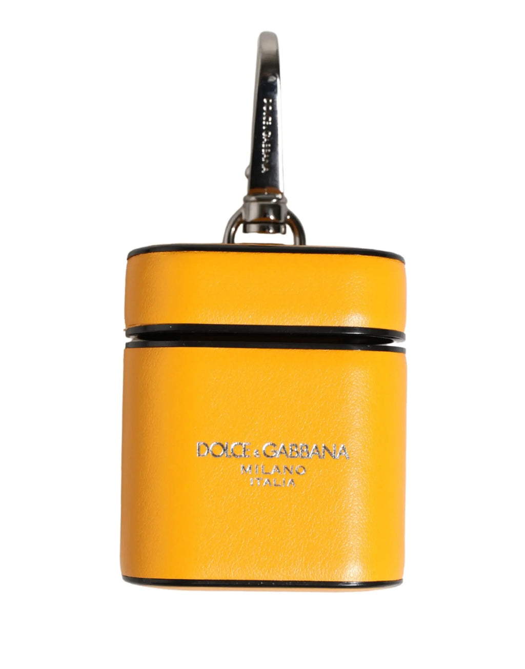 Étui dolce & gabbana jaune en cuir de veau avec bordure noire et logo argenté embossé pour airpods