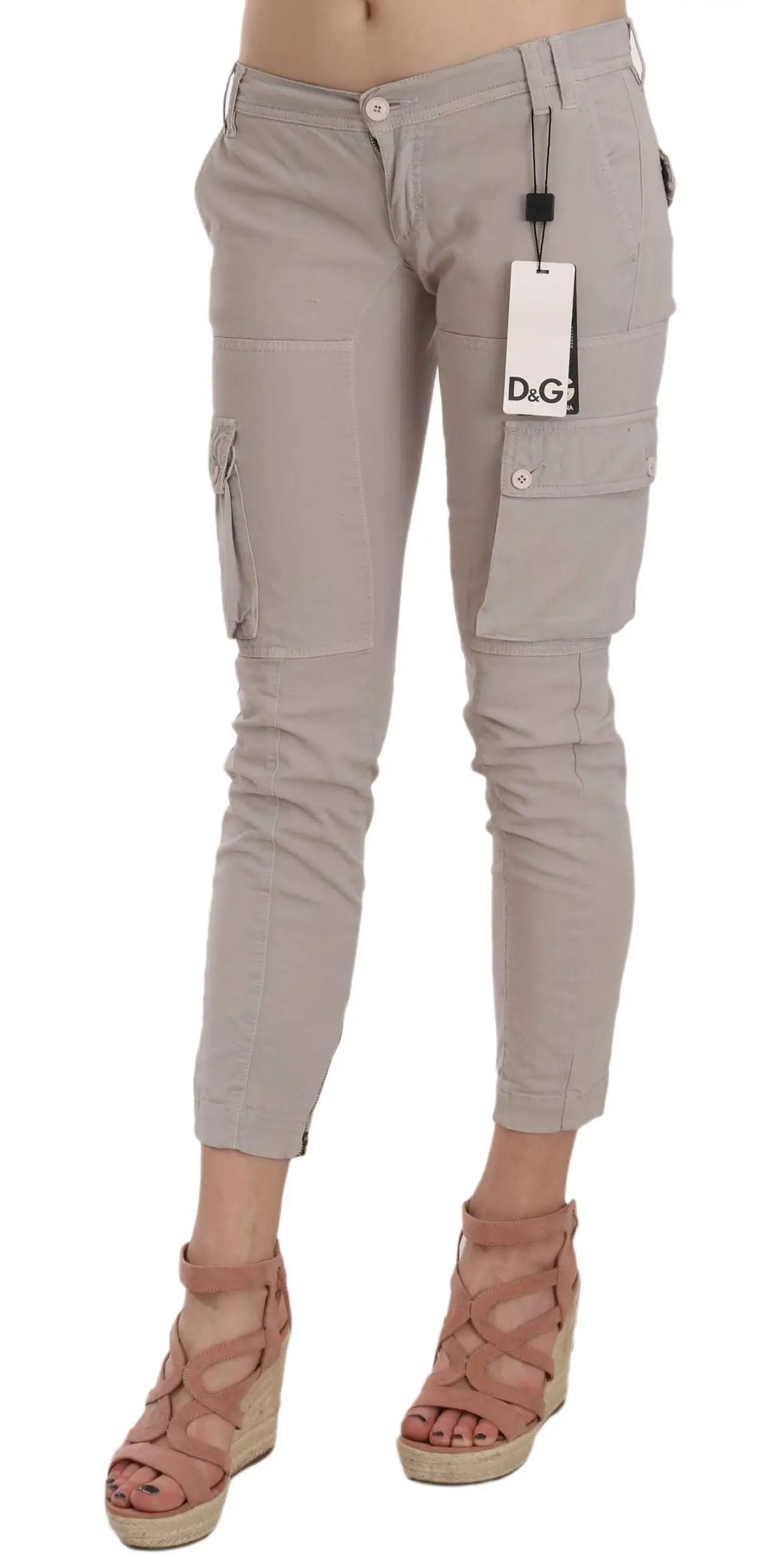 Pantalon beige dolce gabbana cargo avec multiples poches et étiquette de marque d&g, style décontracté ajusté
