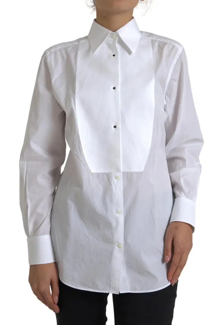 Blouse style smoking blanche en coton dolce & gabbana avec coupe ajustée et col en satin contrastant