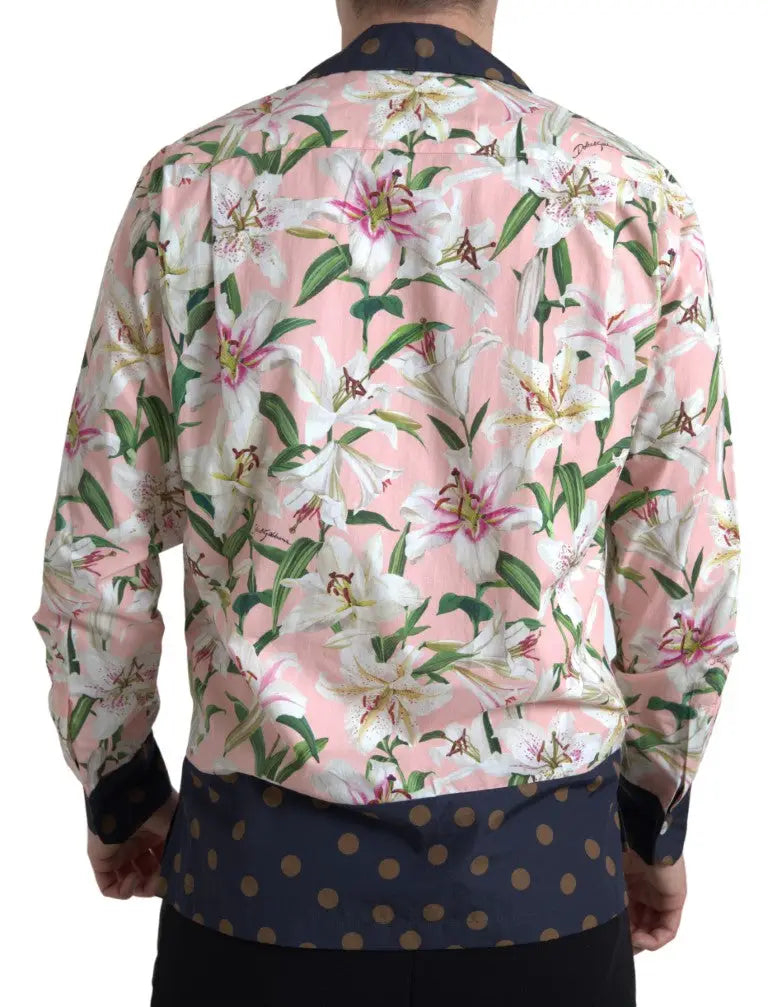 Chemise à manches longues dolce & gabbana en coton rose avec imprimé lys blanc et rose et bordure à pois bleus