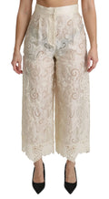 Pantalon palazzo court taille haute dolce & gabbana crème avec broderie florale et bordure en dentelle festonnée