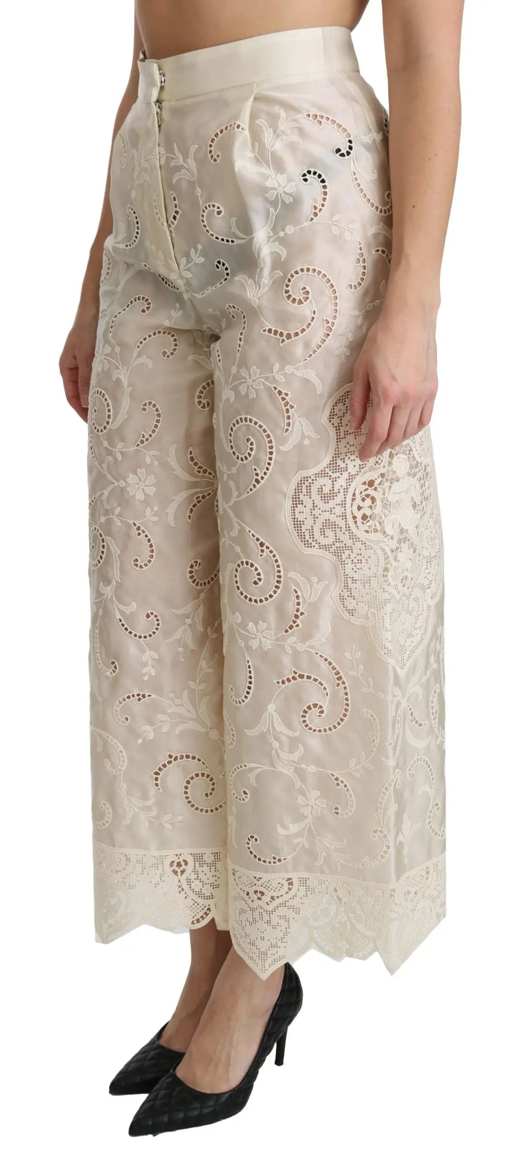Pantalon palazzo court taille haute en dentelle crème avec broderies florales et arabesques de dolce & gabbana