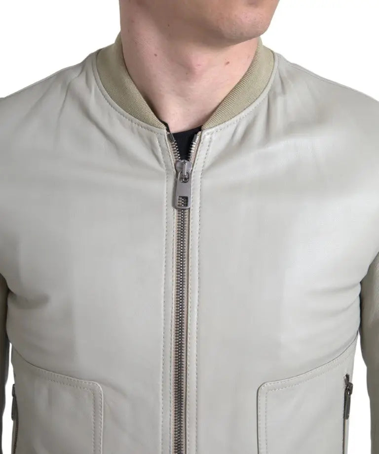 Dolce & gabbana cream leather bomber blouson full zip jacket gris clair avec col côtelé et fermeture éclair devant