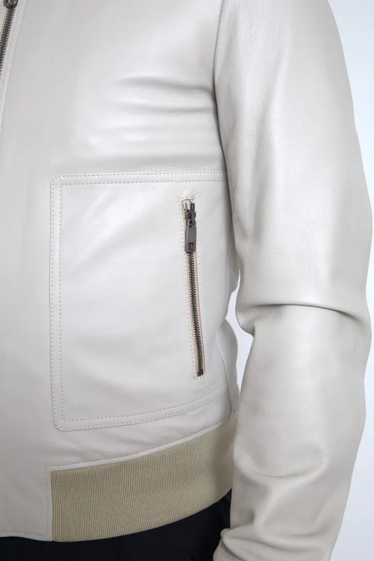 Dolce & gabbana veste bomber en cuir crème avec fermeture éclair avant et poche poitrine zippée