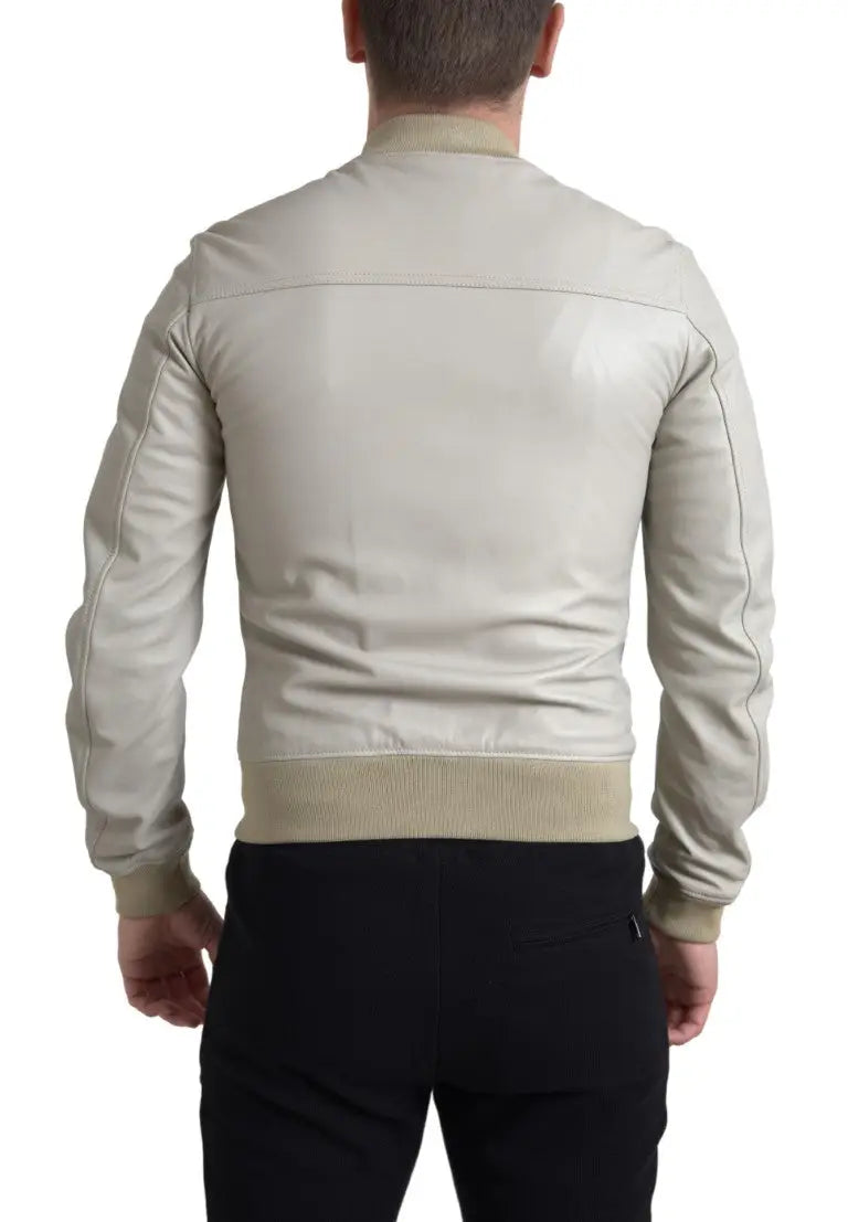 Dolce & gabbana cream leather bomber blouson jacket with ribbed beige cuffs and waistband in off-white leather