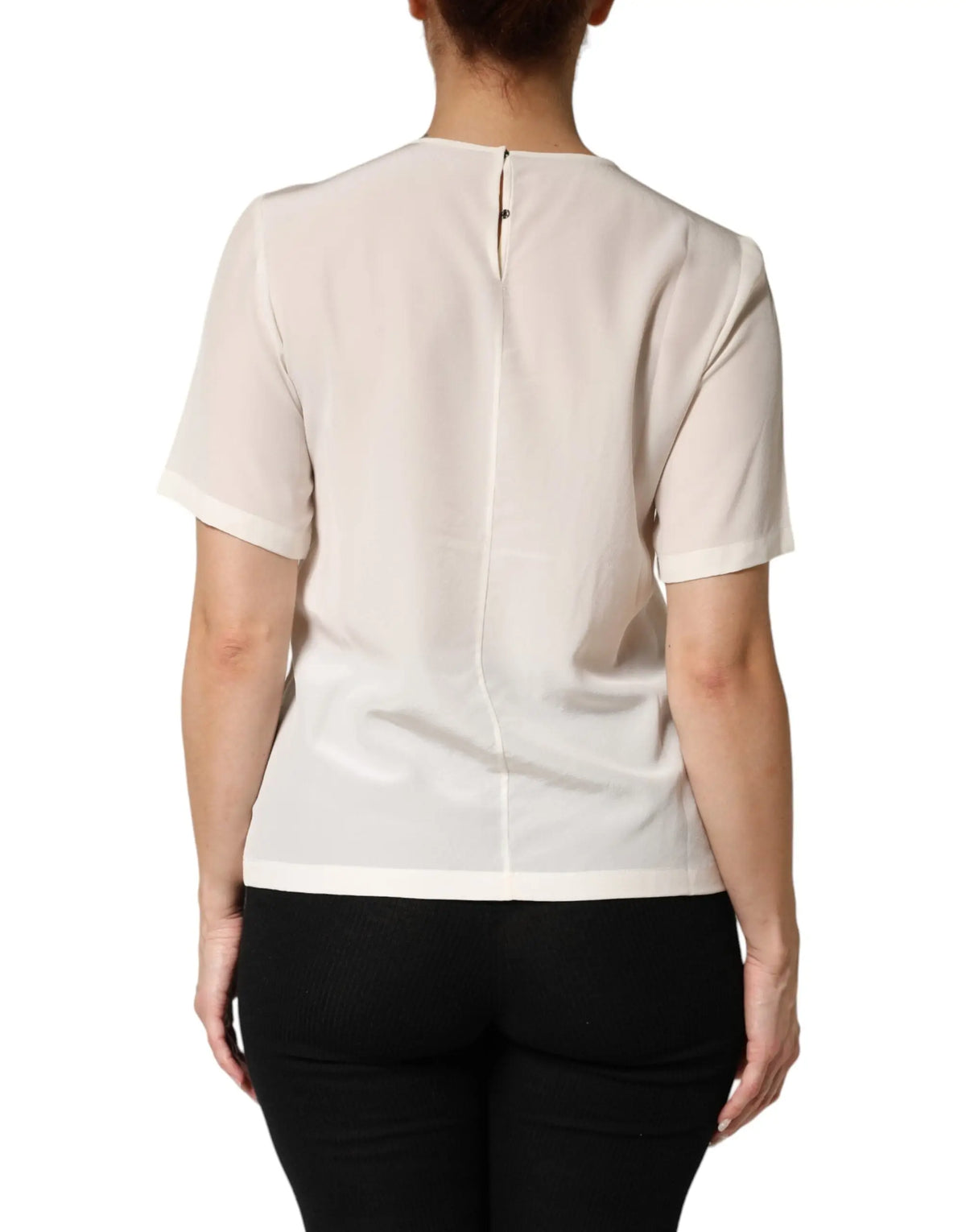 Blouse courte à manches courtes cream de dolce & gabbana en soie avec détail de silhouette et fermeture éclair au dos
