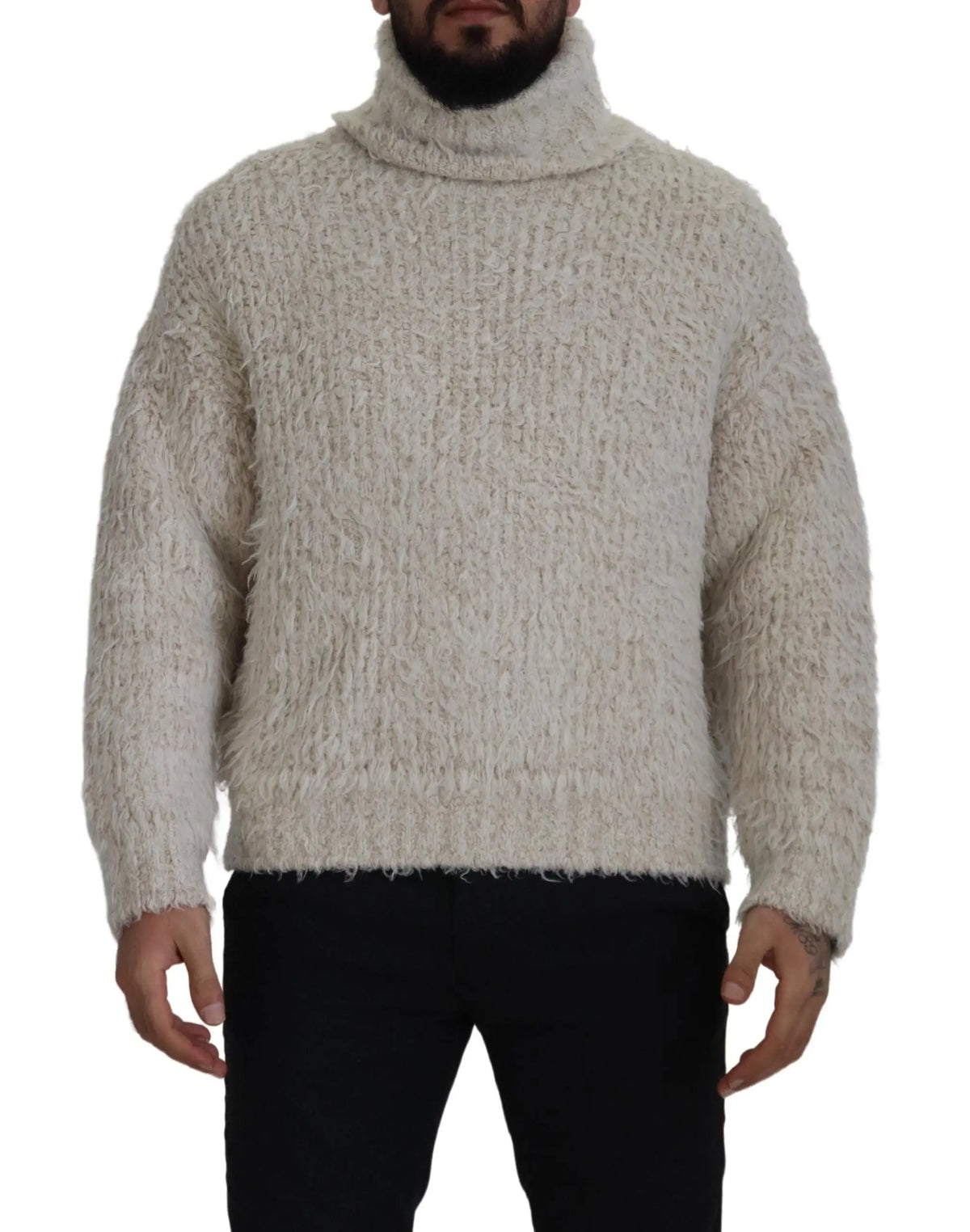Pull col roulé ivoire doux dolce gabbana en laine avec tricot texturé et bords légèrement effilochés