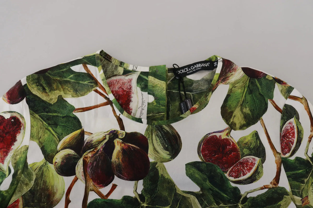 Top dolce et gabbana blanc en coton avec imprimé figues et feuilles colorées style fruit t-shirt col rond
