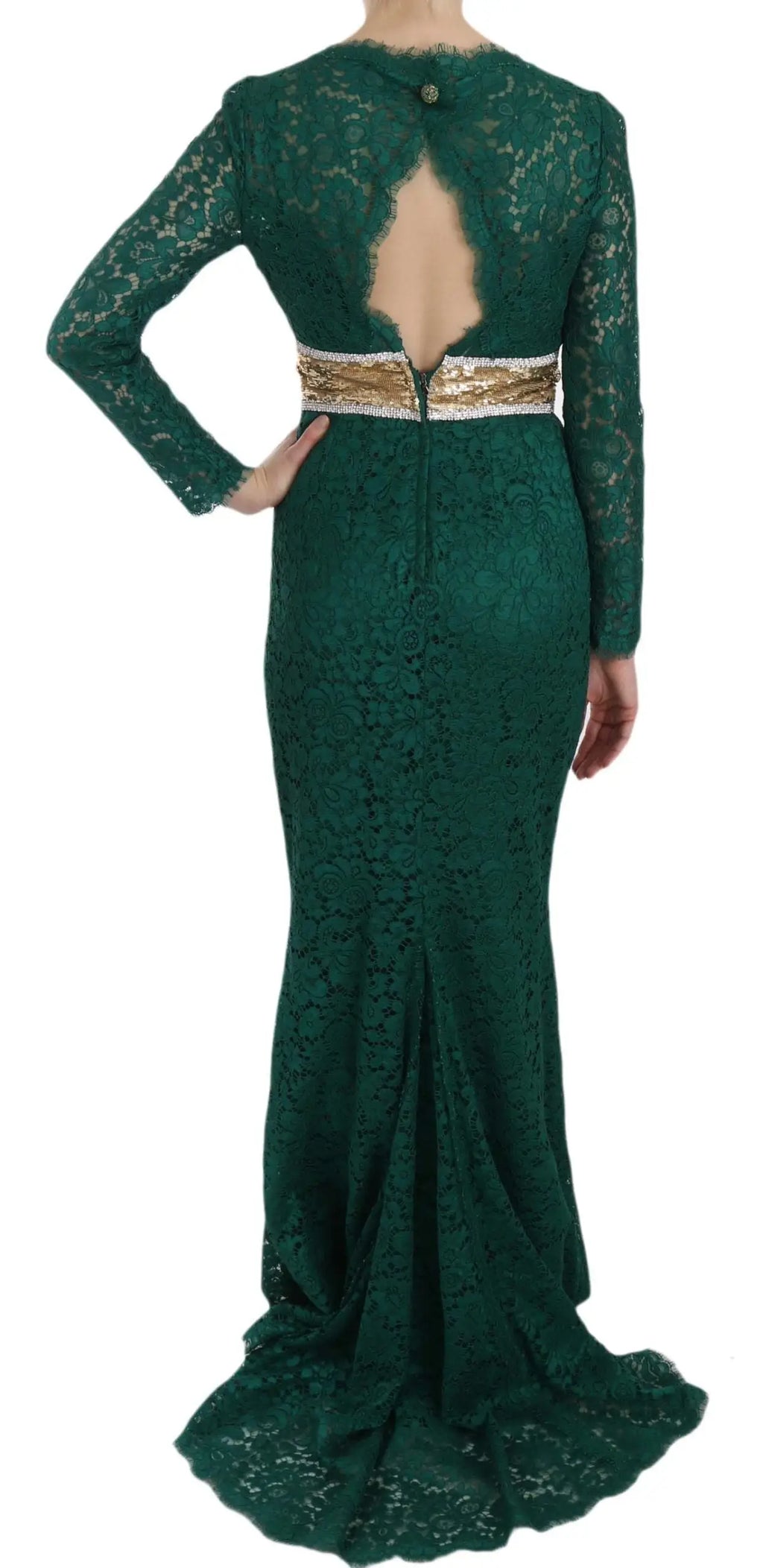 Robe moulante en dentelle verte émeraude dolce gabbana avec ceinture en perles or et argent cristallisées