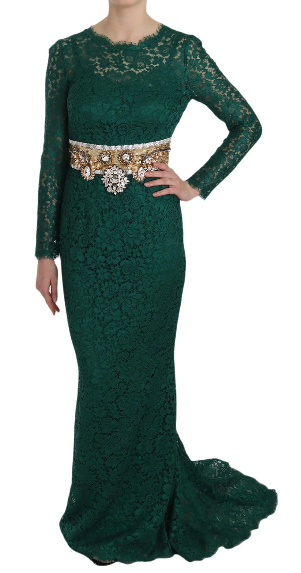 Robe fourreau en dentelle émeraude dolce & gabbana avec manches longues et ceinture dorée à cristaux