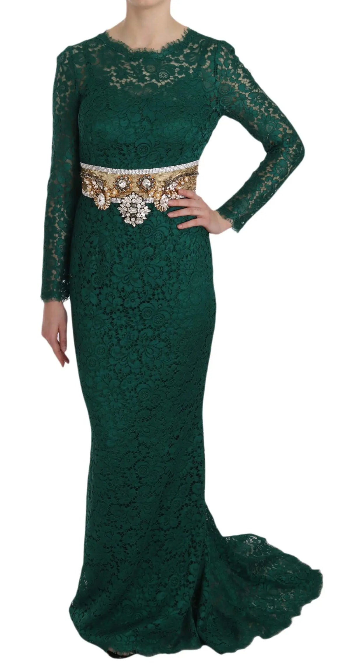 Robe fourreau en dentelle émeraude dolce & gabbana avec manches longues et ceinture dorée à cristaux