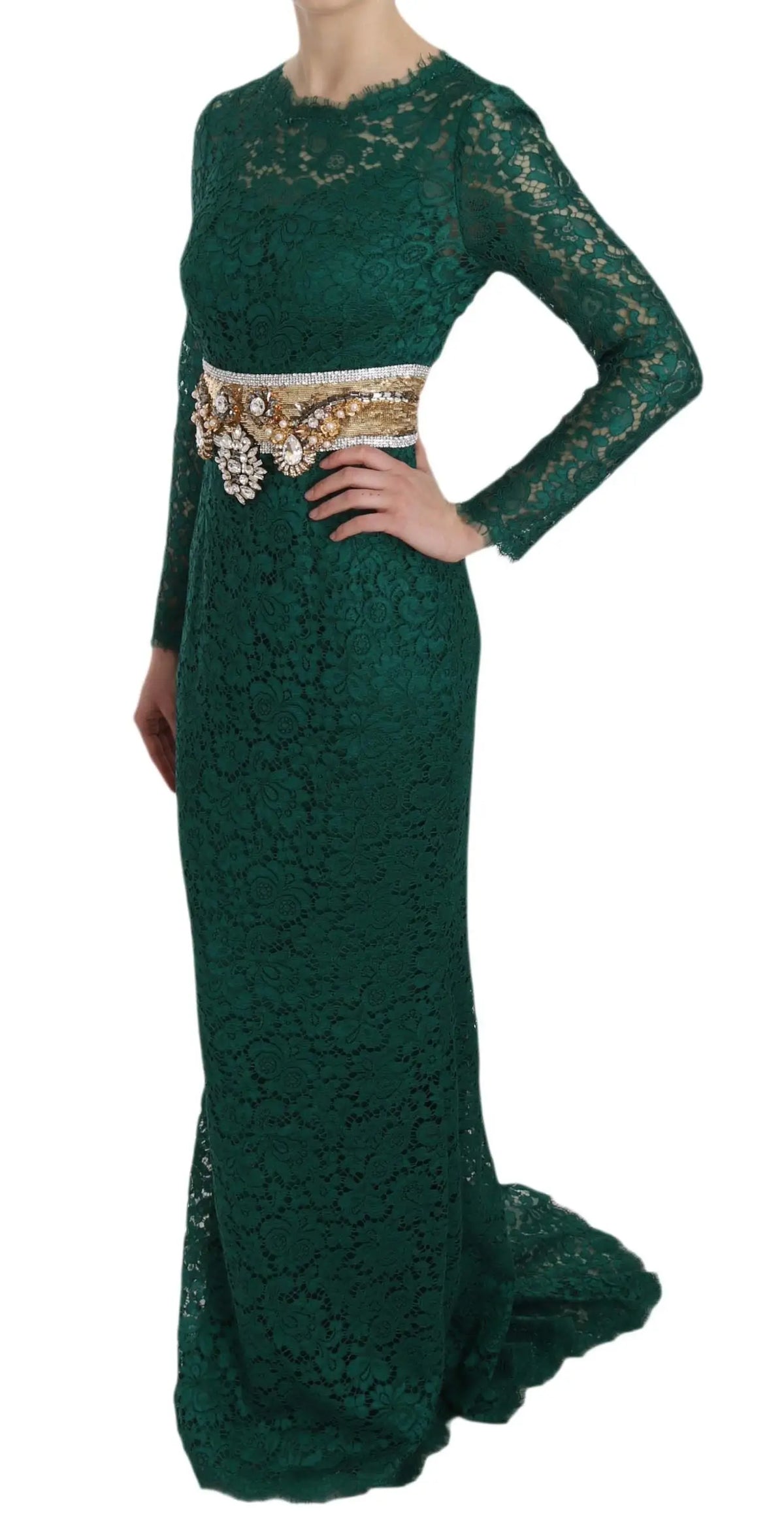 Robe fourreau en dentelle verte émeraude dolce gabbana avec manches longues et ceinture ornée de cristaux dorés