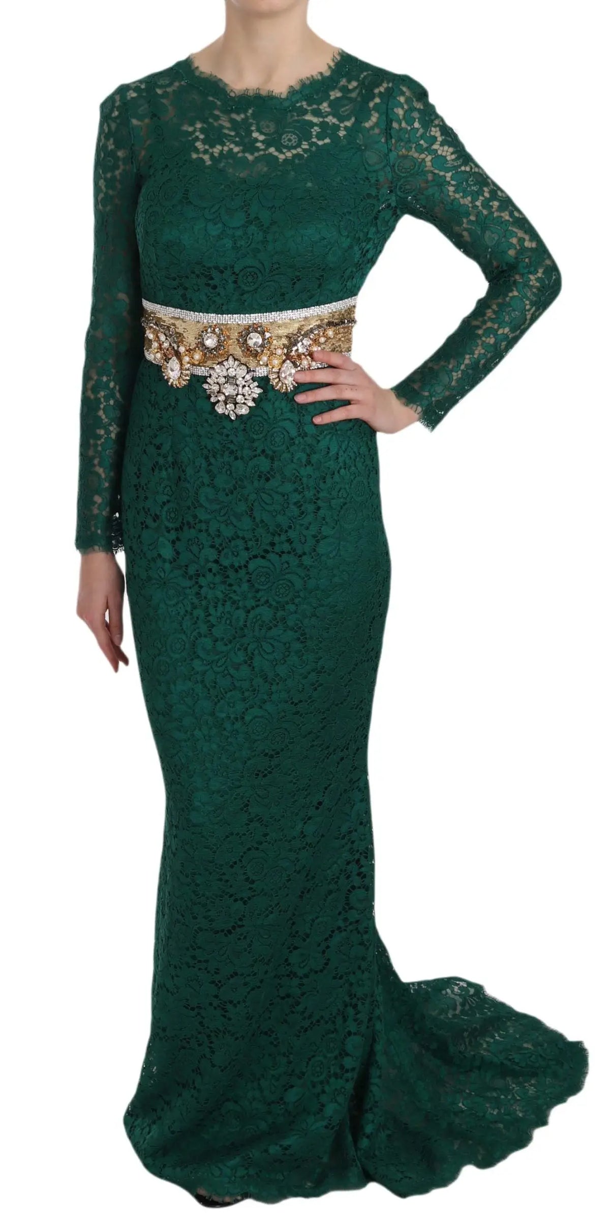 Robe fourreau en dentelle verte émeraude dolce et gabbana avec manches longues et ceinture dorée à cristaux