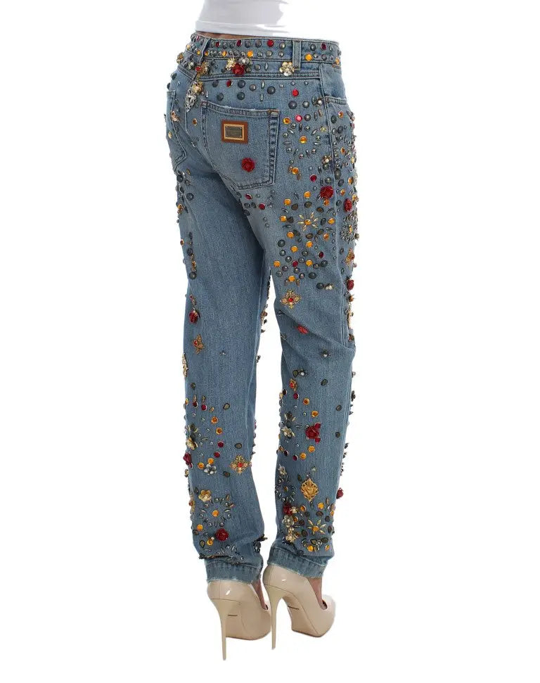 Jeans en denim clair dolce & gabbana avec embellissements floraux et circulaires colorés en rouge jaune or et vert