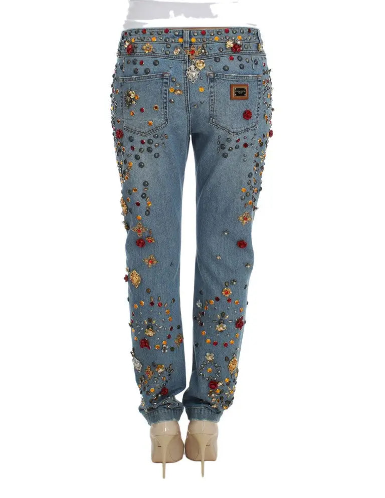 Jean en denim clair dolce & gabbana avec broderies florales colorées et perles rouges or et bleu