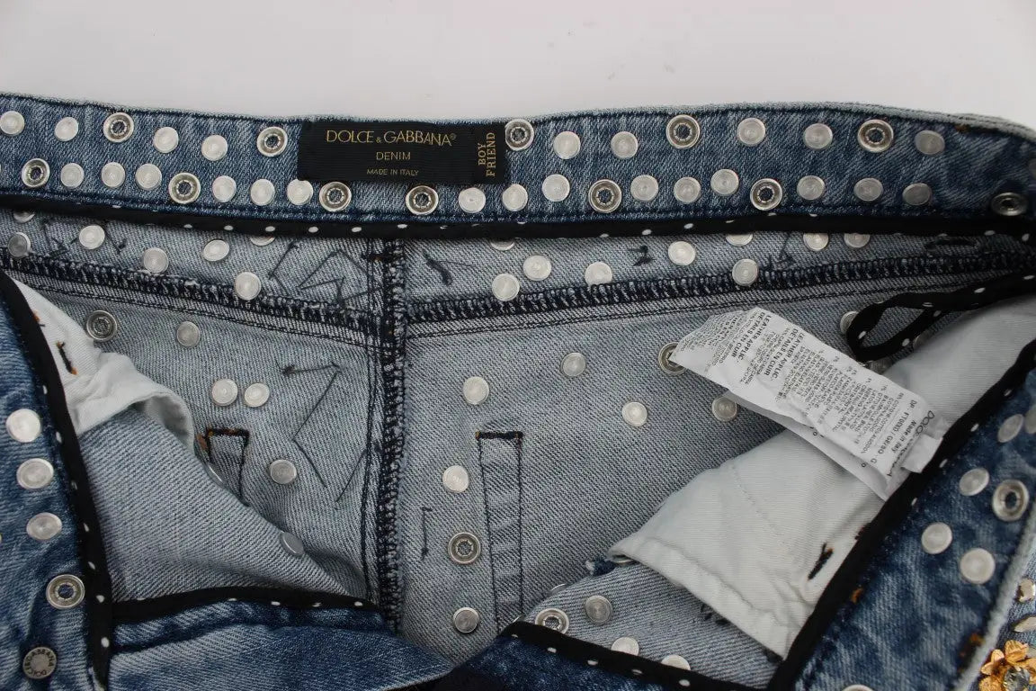 Jeans bleu en denim dolce & gabbana avec studs argentés et motif crystal roses heart embellished