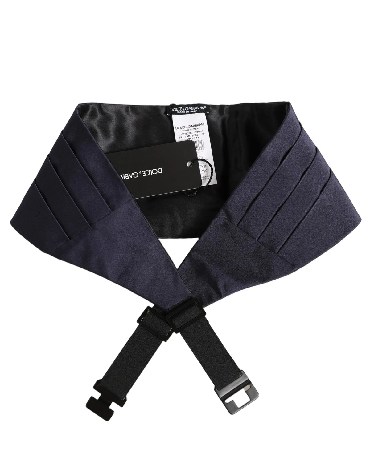 Ceinture dolce & gabbana bleu foncé en soie 100 pour cent avec col plissé noir boucle métallique réglable