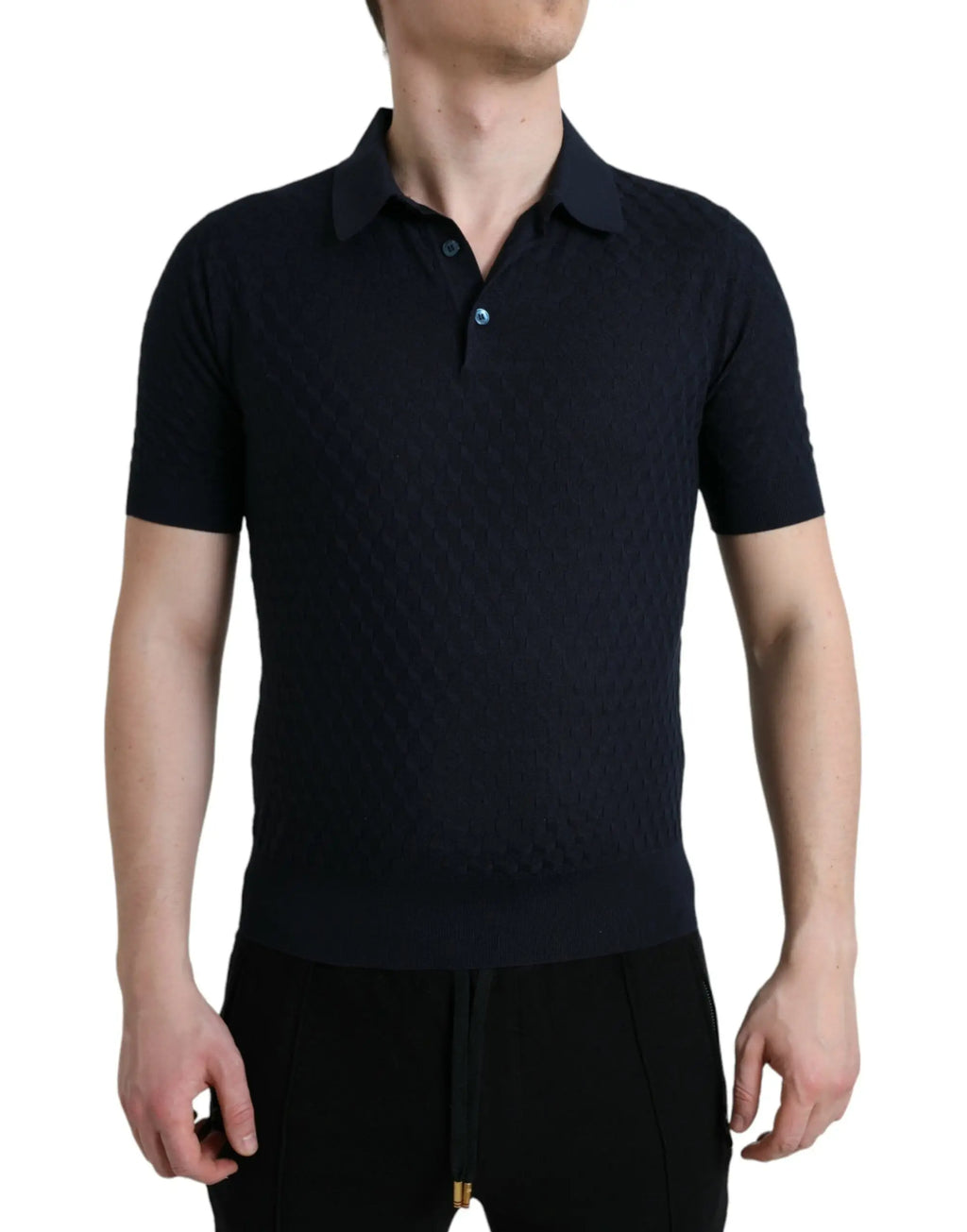 Dolce & Gabbana polo t-shirt bleu foncé en maille texturée noire avec motif losange subtil et boutons bleu clair