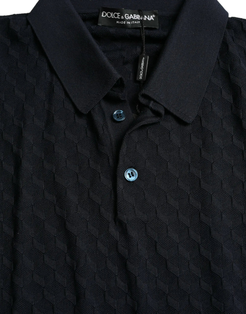 Polo noir dolce & gabbana avec motif en losanges texturé et col assorti dans le t-shirt polo bleu foncé à manches courtes dolce & gabbana