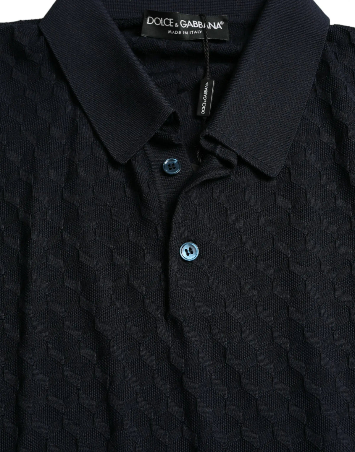 Polo noir dolce & gabbana avec motif en losanges texturé et col assorti dans le t-shirt polo bleu foncé à manches courtes dolce & gabbana