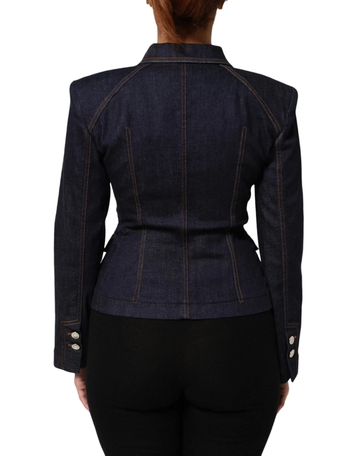 Blazer en denim bleu foncé dolce & gabbana en coton avec épaules structurées et coutures contrastantes