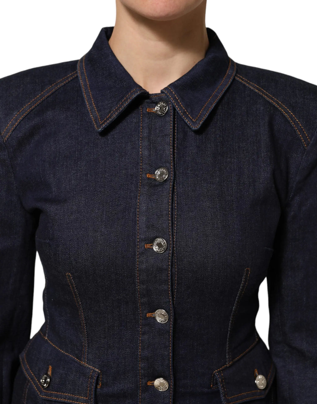 Veste en jean bleu foncé dolce & gabbana en coton avec col boutons argentés et surpiqûres contrastantes