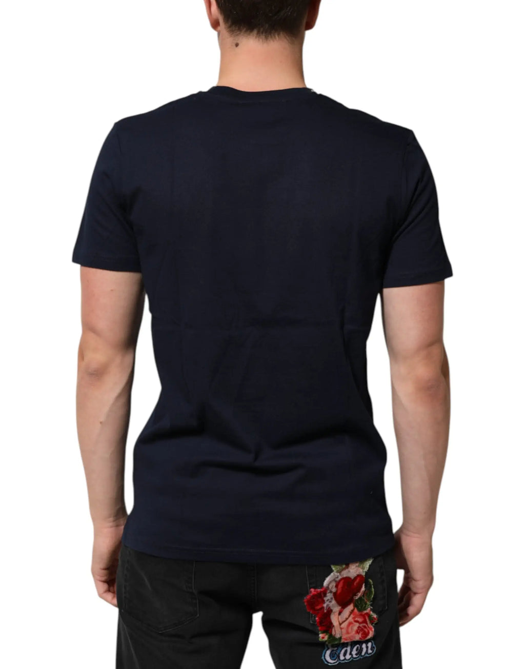 T-shirt dolce & gabbana en coton bleu marine avec patch rose rouge brodé et lettrage caden au dos