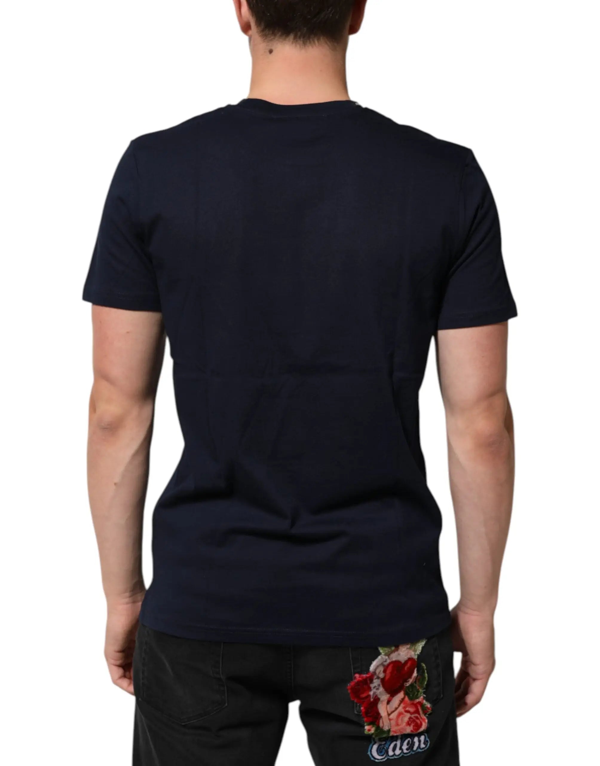 T-shirt dolce & gabbana en coton bleu marine avec patch rose rouge brodé et lettrage caden au dos