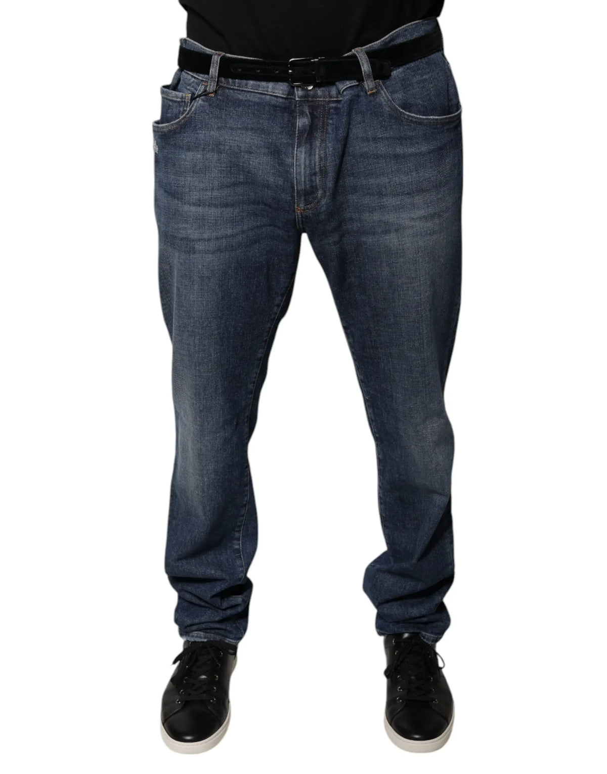 Jean slim en denim coton bleu foncé dolce gabbana avec ceinture noire et design classique cinq poches