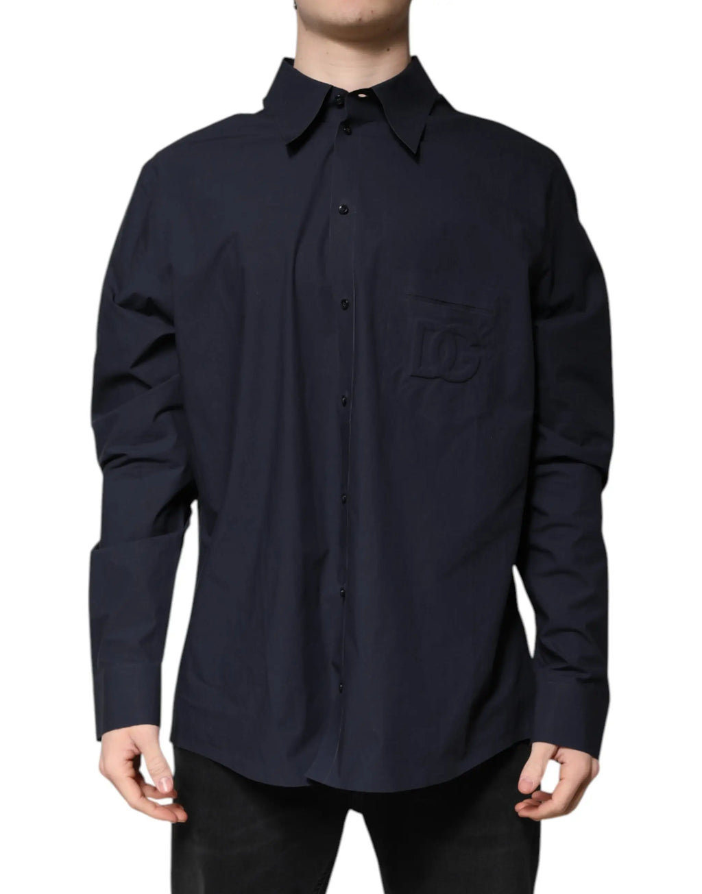Chemise dolce et gabbana bleu foncé en coton à manches longues avec logo brodé subtil sur la poitrine noire