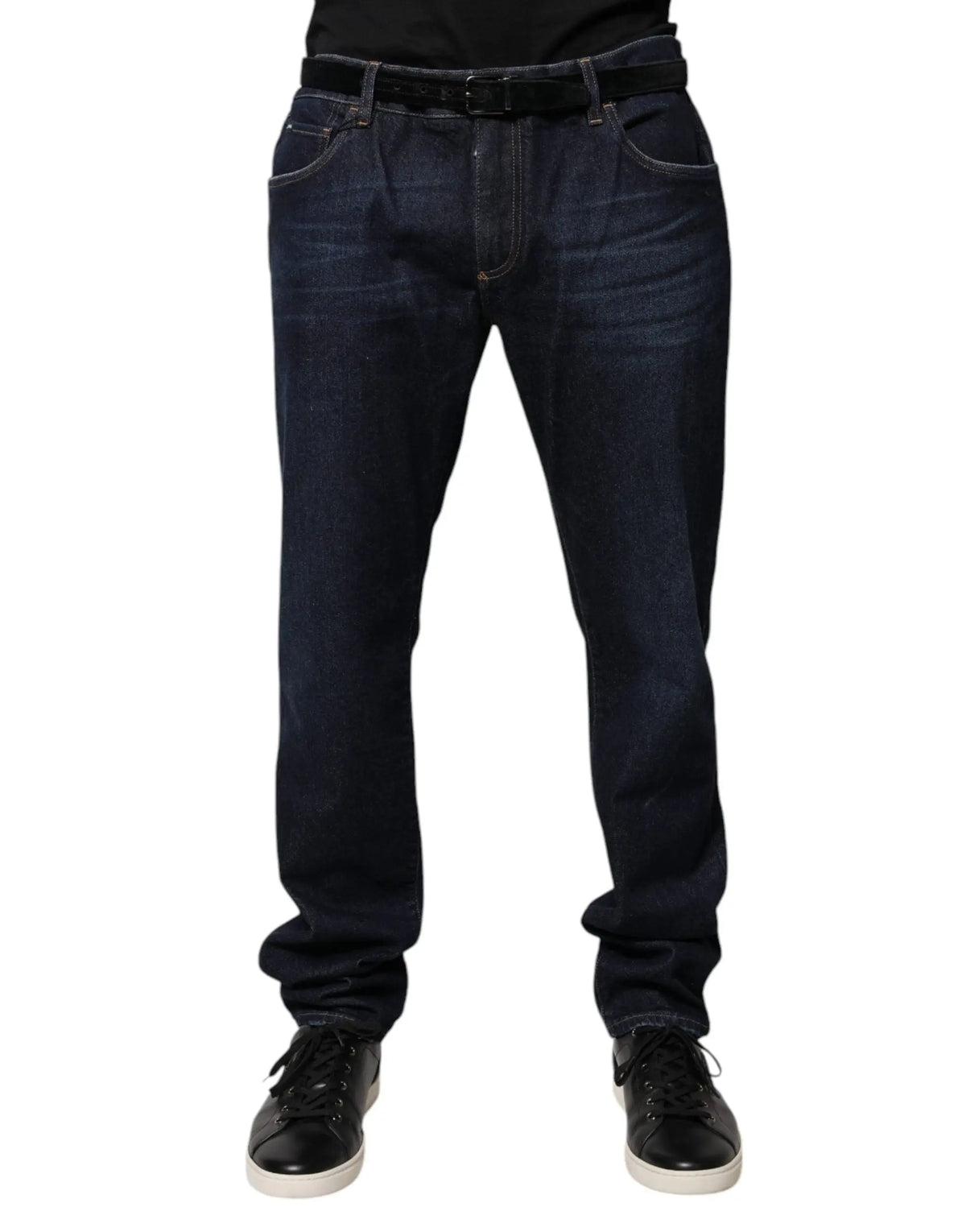 Jeans en denim skinny coton bleu foncé dolce gabbana avec coupe droite et ceinture noire