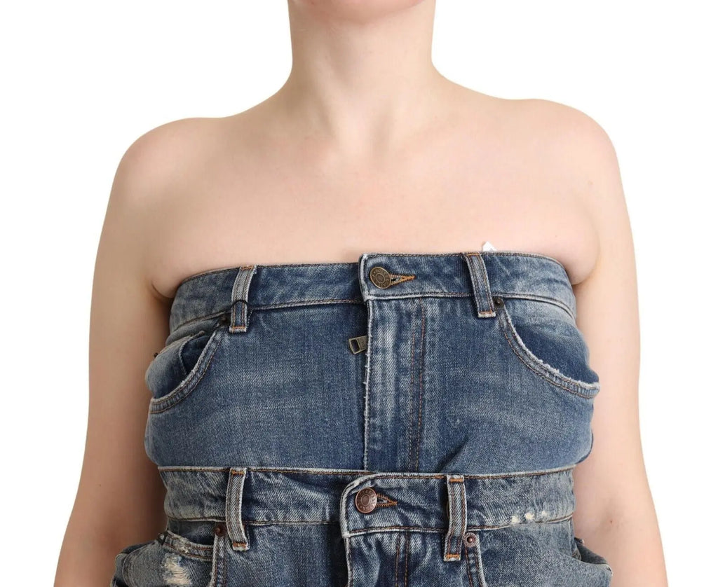 Top en denim bleu foncé sans bretelles en coton dolce & gabbana fabriqué à partir de jeans recyclés avec boutons et poches visibles
