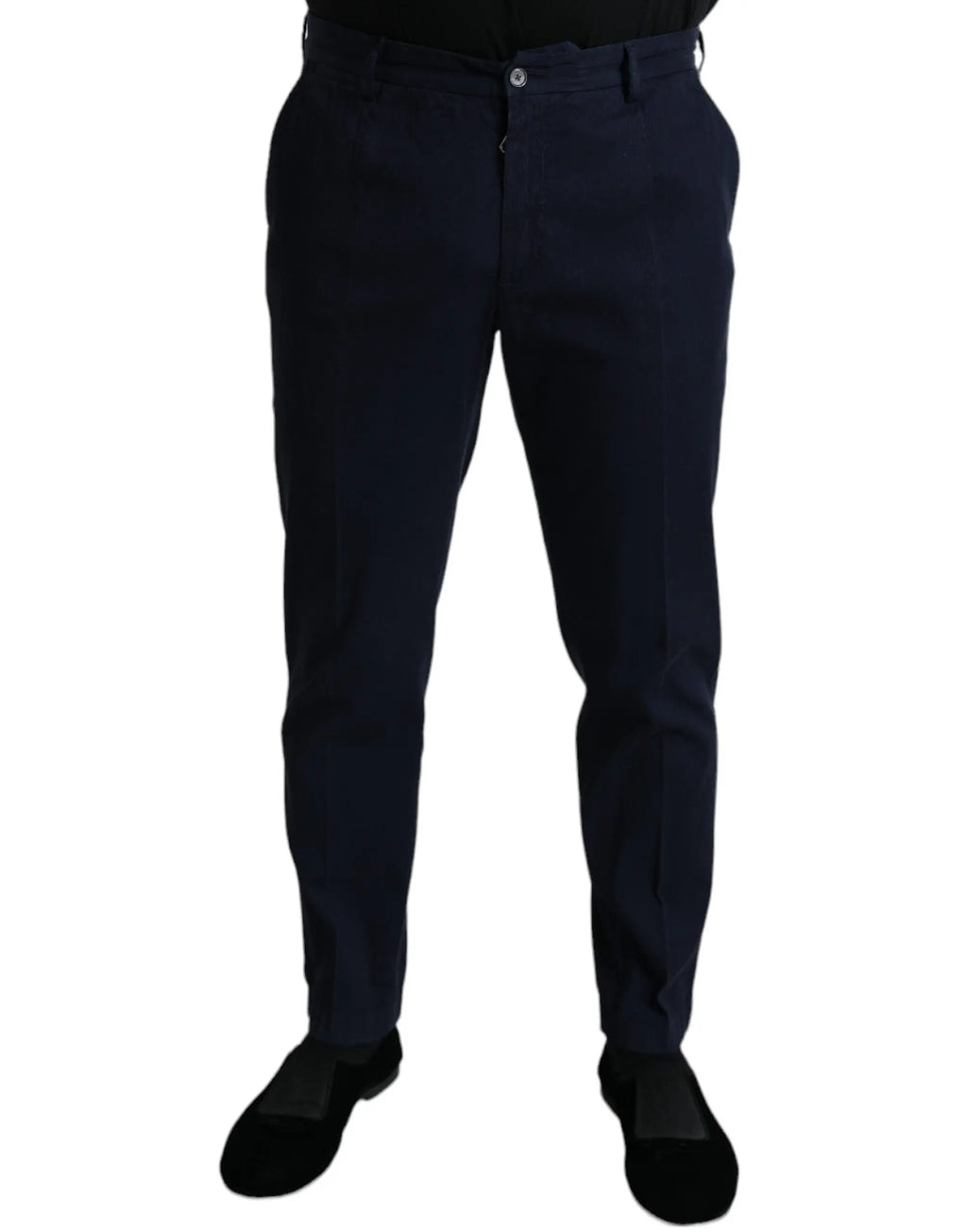 Pantalon slim bleu marine foncé en coton stretch dolce & gabbana avec texture subtile et fermeture à bouton unique