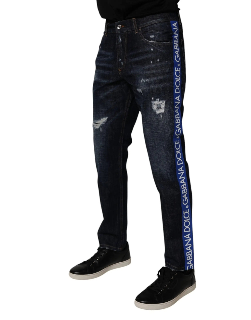 Jeans skinny en denim coton bleu foncé dolce & gabbana avec effet déchiré et bande verticale bleue logo blanc