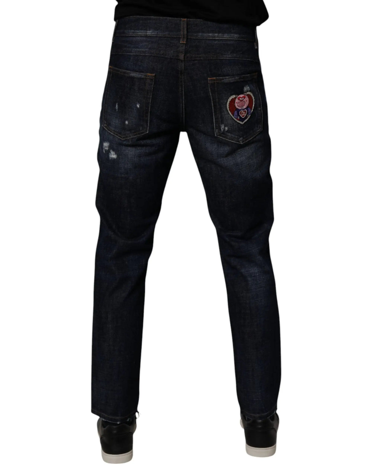 Jean slim délavé foncé dolce gabbana en coton avec patch cœur brodé sur la poche arrière droite