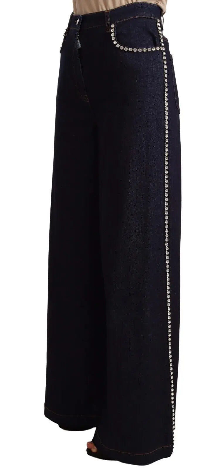 Pantalon large en jean noir dolce et gabbana avec rangée verticale de strass et surpiqûres décoratives devant