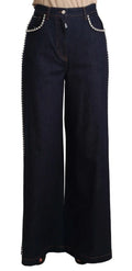 Pantalon large en denim bleu foncé dolce gabbana orné de rangées de cristaux le long des coutures latérales