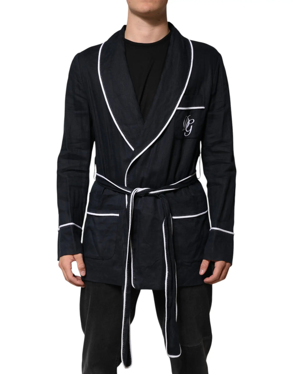 Robe en velours noire dolce & gabbana avec bordure blanche et logo brodé subtil sur la poitrine gauche