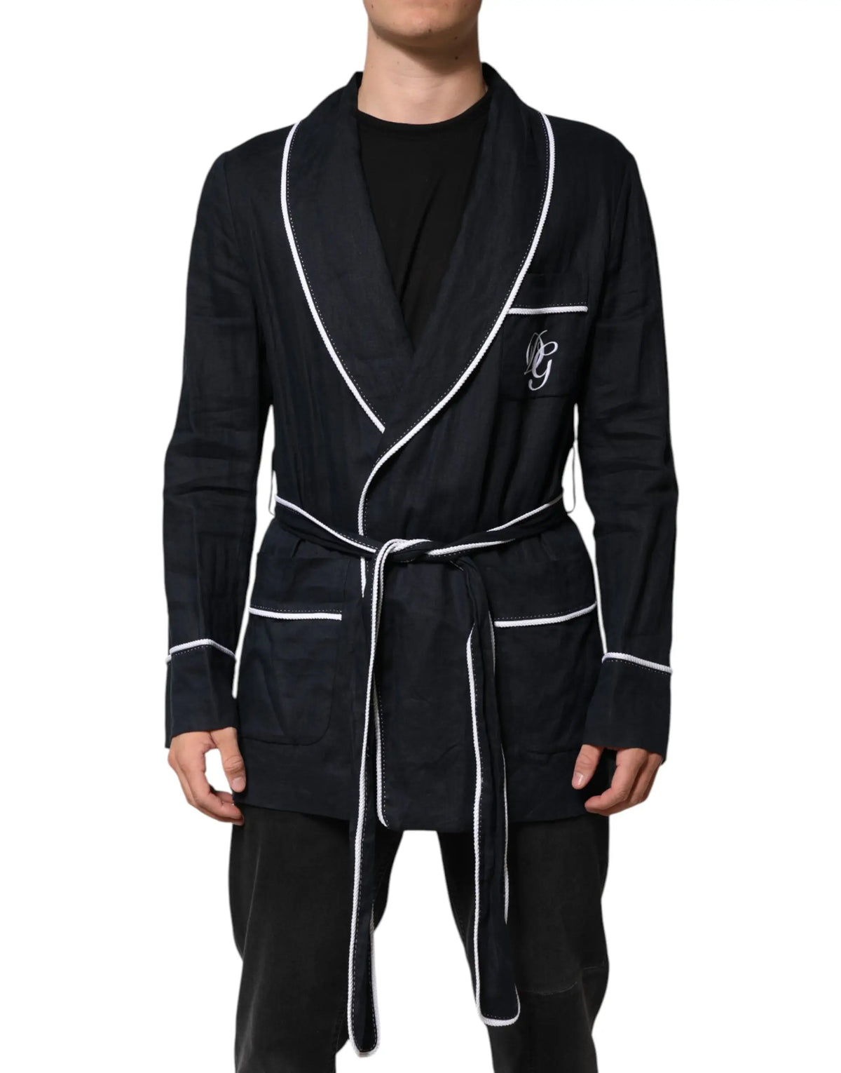 Robe en velours noire dolce & gabbana avec bordure blanche et logo brodé subtil sur la poitrine gauche
