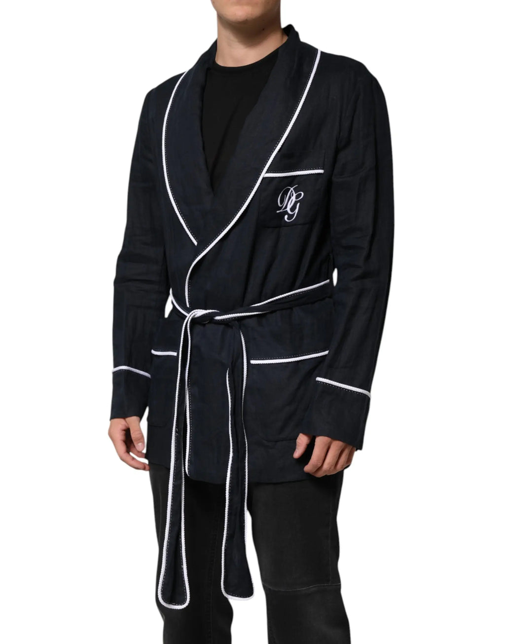 Robe blazer dolce gabbana en velours noir avec passepoil blanc et poche poitrine monogrammée brodée dg