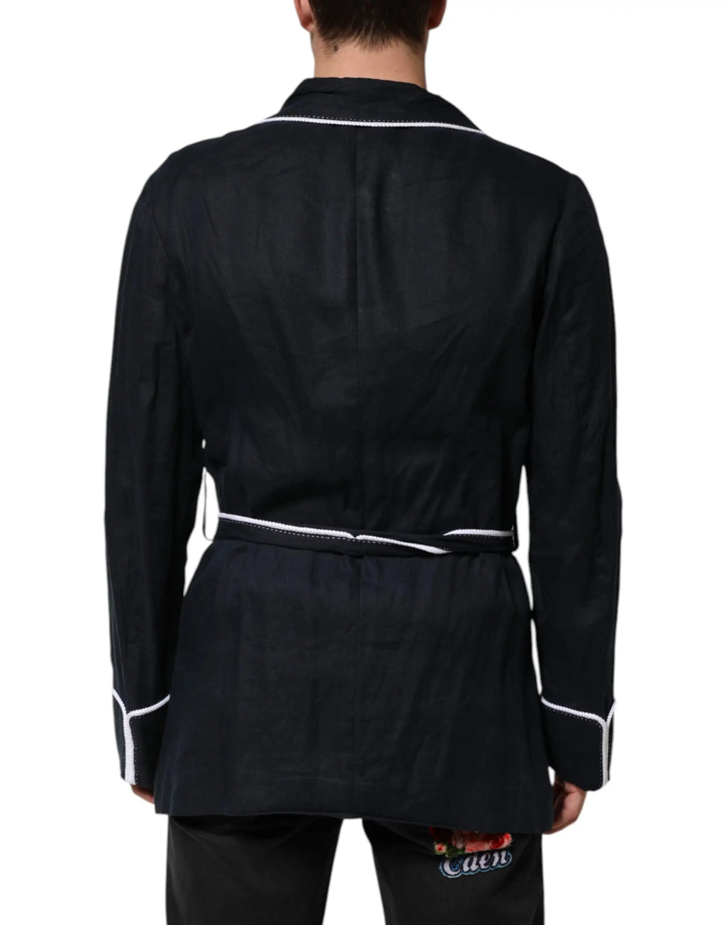 Robe veste dolce & gabbana en lin noir avec bordures blanches au col, poignets et ceinture, broderie dg bleue foncée